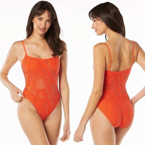 Carmen Marc Valvo Crochet Scoop Neck One Piece Swimsuit Papaya Orange Sz. 10 NEW - Picture 1 of 12
